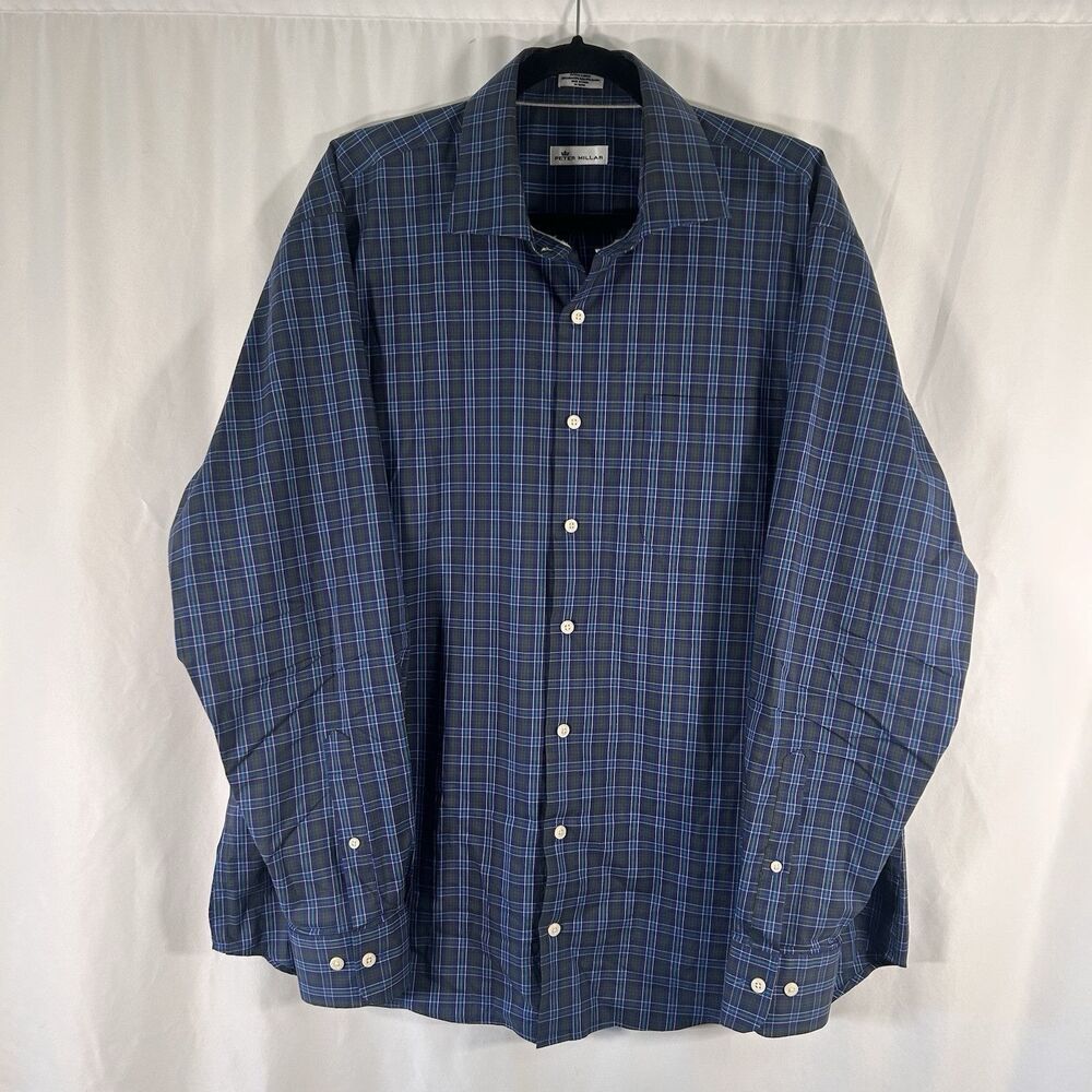 Peter Millar Dress Shirt Men'sXL Blue Green Plaid Button Up Long Sleeve Cotton B - Picture 1 of 6